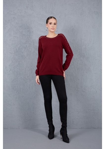 Kadın Bordo Ajurlu Inci Detaylı Reglan Kollu Yuvarlak Yaka Triko Bluz
