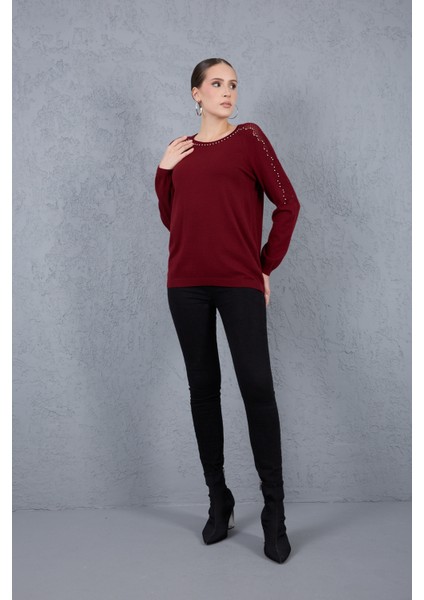 Kadın Bordo Ajurlu Inci Detaylı Reglan Kollu Yuvarlak Yaka Triko Bluz