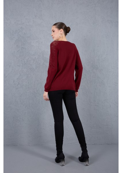 Kadın Bordo Ajurlu Inci Detaylı Reglan Kollu Yuvarlak Yaka Triko Bluz