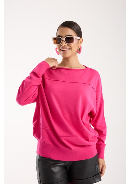 Kadın Fuşya Kayık Yaka Triko Bluz