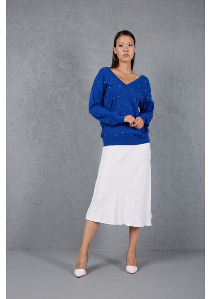 Kadın Saks Mavisi Önü Taş Detaylı V Yaka Triko Bluz