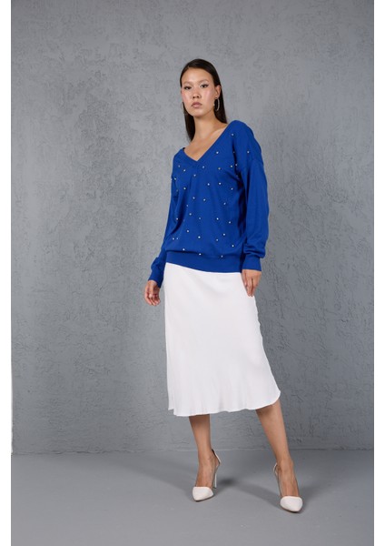 Kadın Saks Mavisi Önü Taş Detaylı V Yaka Triko Bluz