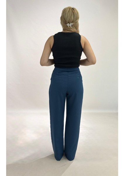 Yüksek Bel Cepli Poliviskon Palazzo Pantolon – Şık Düğme ve Apolet Detaylı Kadın Pantolon modelleri