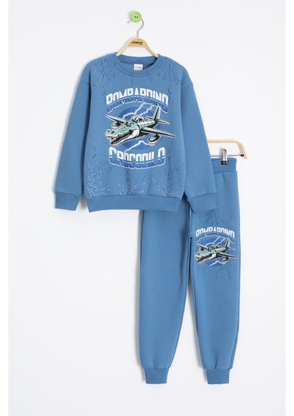 Mavi Erkek Çocuk Yazılı Karakter Baskılı Şardonlu Eşofman Takımı 23288