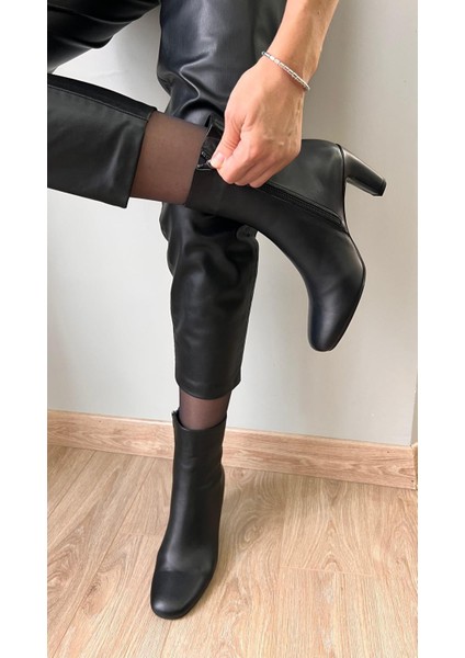 Liliyana Gerçek Deri Topuklu _ Kısa Kadın Çizme- Siyah Deri Çilt indirimleri