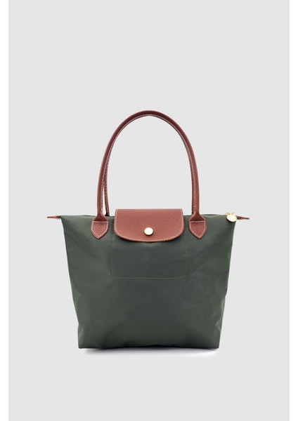 Liros Çıtçıt Kapak ve Fermuar Kapamalı Katlanabilir Büyük Boy Tote Omuz Çantası Haki-Taba