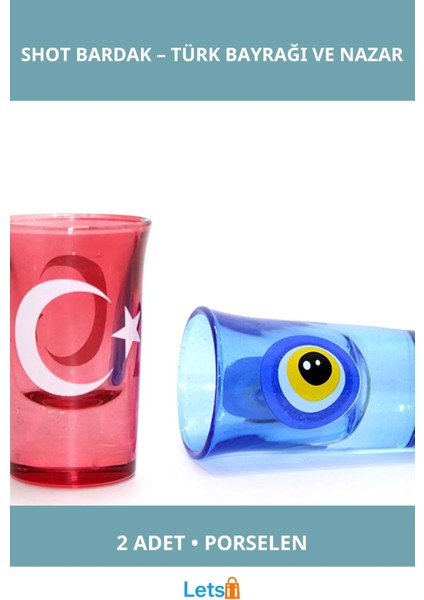 Türk Bayrağı ve Nazar Boncuğu Tasarımlı Porselen Yöresel Shot Bardak 2 Adet
