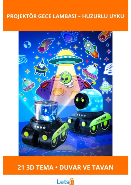 Robot Tasarımlı Eğlenceli Projektör Gece Lambası 21 Farklı 3D Projeksiyon