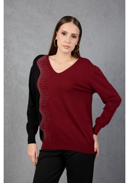 Bordo-Siyah Iki Renkli Taş Detaylı V Yaka Triko Bluz fiyatları