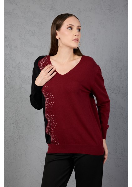 Bordo-Siyah Iki Renkli Taş Detaylı V Yaka Triko Bluz modelleri
