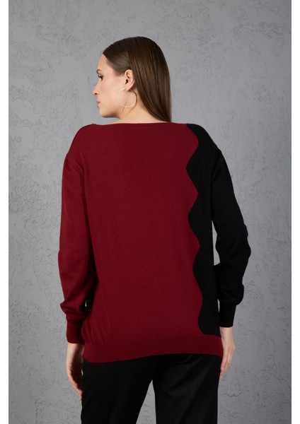 Bordo-Siyah Iki Renkli Taş Detaylı V Yaka Triko Bluz fırsatları