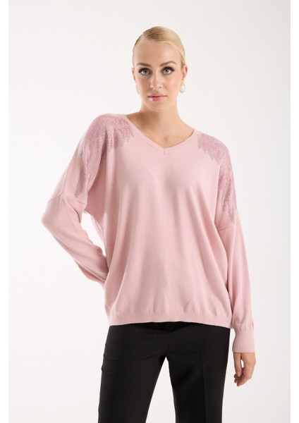 Kadın Pudra Omuzları Taş Detaylı V Yaka Triko Bluz