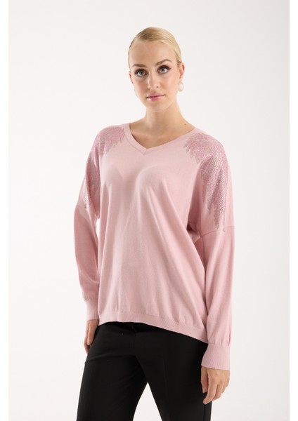 Kadın Pudra Omuzları Taş Detaylı V Yaka Triko Bluz modelleri