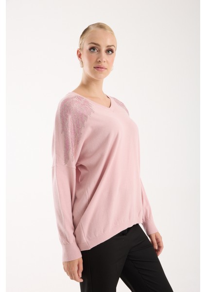 Kadın Pudra Omuzları Taş Detaylı V Yaka Triko Bluz fırsatları