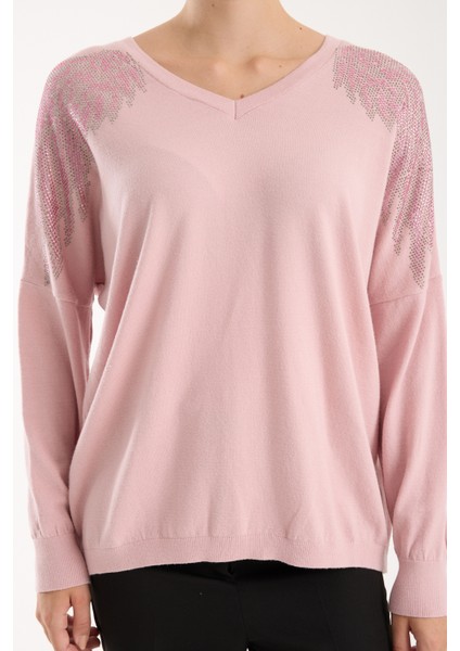 Kadın Pudra Omuzları Taş Detaylı V Yaka Triko Bluz
