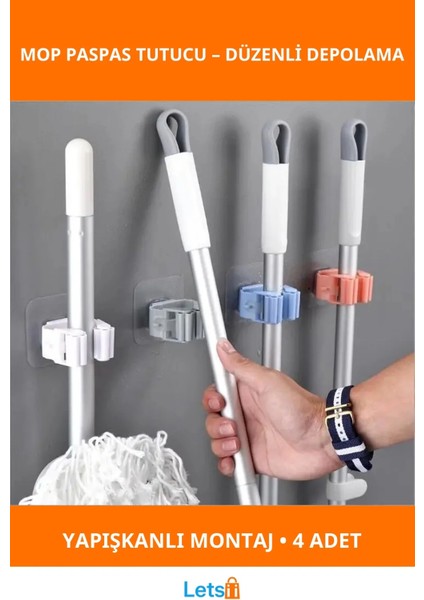 Duvara Monte Dayanıklı Plastik Mop Paspas Tutucu 4 Adet