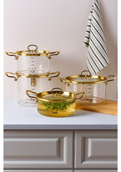 Logan Gold Kapaklı 4 Lü Cam Tencere Seti