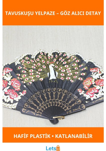 Şık Estetik Plastik Tavuskuşu Desenli Katlanabilir Yelpaze