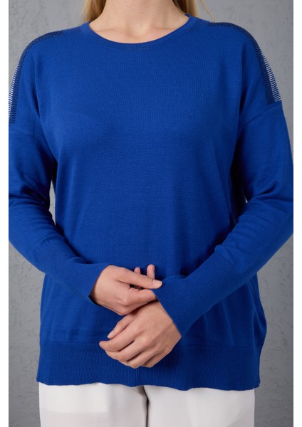 Kadın Saks Mavisi Omuzları Taş Detaylı Geniş Manşetli Bisiklet Yaka Triko Bluz indirimleri