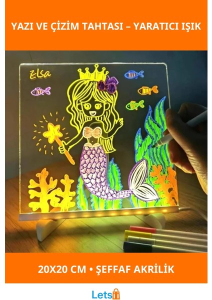 LED Aydınlatmalı Tahta Yazı ve Çizim 20X20 cm Küçük Boy