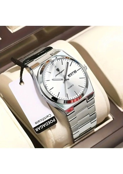 Erkek Kol Saati - Lüks Paslanmaz Çelik Kordonlu, Takvimli, Su Geçirmez Quartz Saat