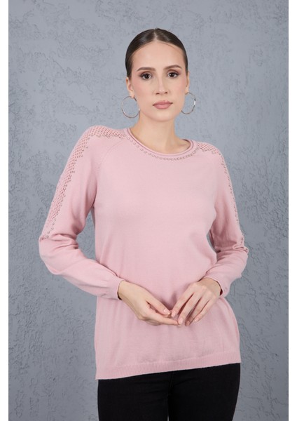 Kadın Pudra Ajurlu Inci Detaylı Reglan Kollu Yuvarlak Yaka Triko Bluz