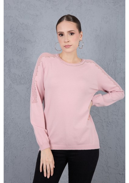Kadın Pudra Ajurlu Inci Detaylı Reglan Kollu Yuvarlak Yaka Triko Bluz fiyatları
