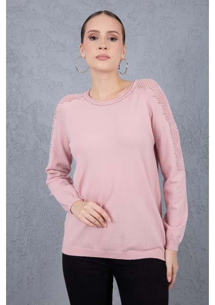 Kadın Pudra Ajurlu Inci Detaylı Reglan Kollu Yuvarlak Yaka Triko Bluz modelleri