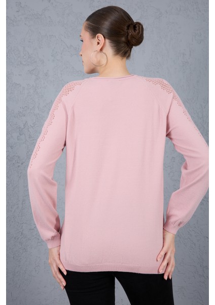 Kadın Pudra Ajurlu Inci Detaylı Reglan Kollu Yuvarlak Yaka Triko Bluz fırsatları