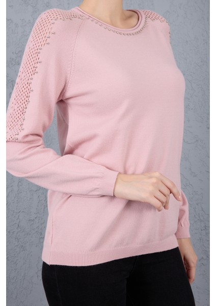 Kadın Pudra Ajurlu Inci Detaylı Reglan Kollu Yuvarlak Yaka Triko Bluz indirimleri