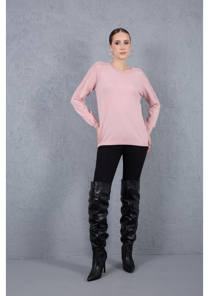 Kadın Pudra Ajurlu Inci Detaylı Reglan Kollu Yuvarlak Yaka Triko Bluz