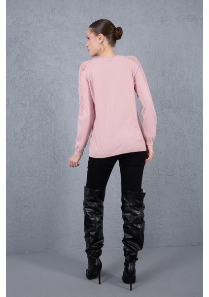 Kadın Pudra Ajurlu Inci Detaylı Reglan Kollu Yuvarlak Yaka Triko Bluz