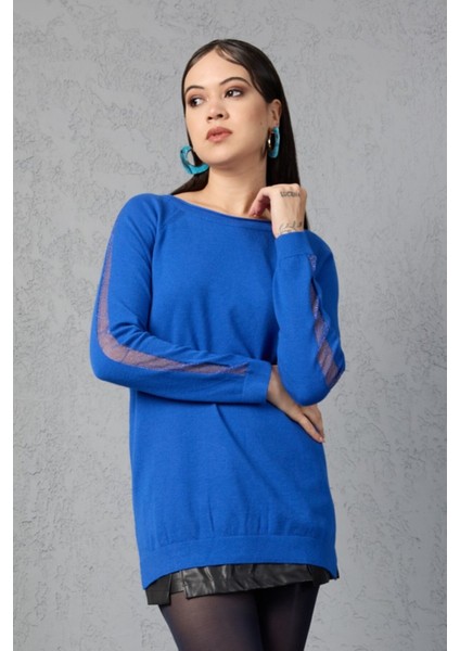 Kadın Saks Mavisi Reglan Kol Simli Detaylı Yuvarlak Yaka Triko Bluz