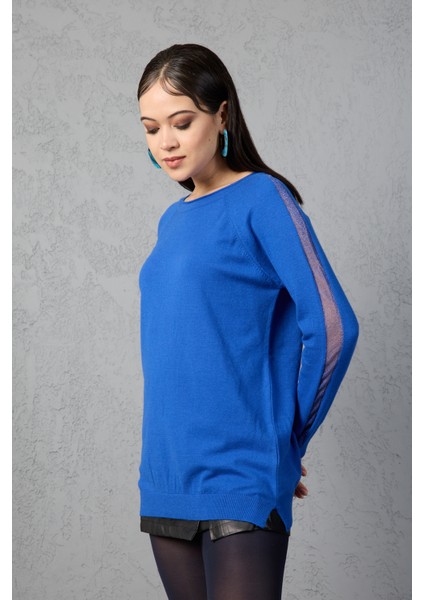 Kadın Saks Mavisi Reglan Kol Simli Detaylı Yuvarlak Yaka Triko Bluz modelleri