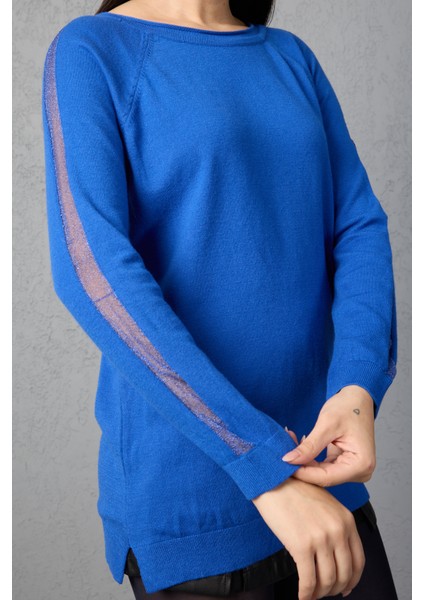 Kadın Saks Mavisi Reglan Kol Simli Detaylı Yuvarlak Yaka Triko Bluz indirimleri