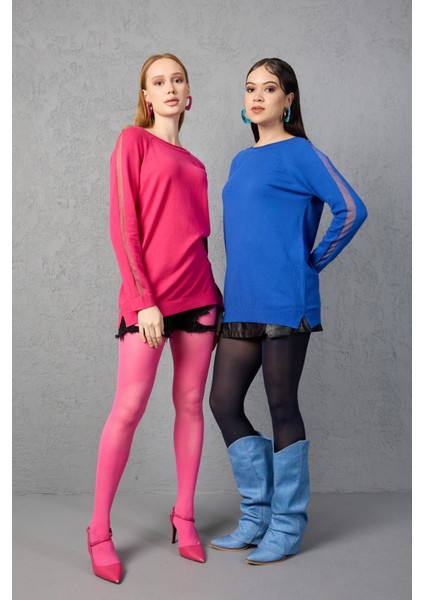 Kadın Saks Mavisi Reglan Kol Simli Detaylı Yuvarlak Yaka Triko Bluz