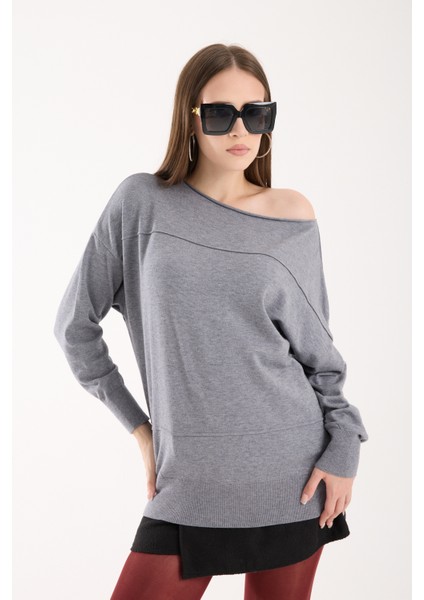 Kadın Gri Kayık Yaka Triko Bluz