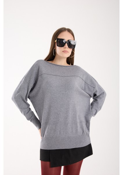 Kadın Gri Kayık Yaka Triko Bluz modelleri