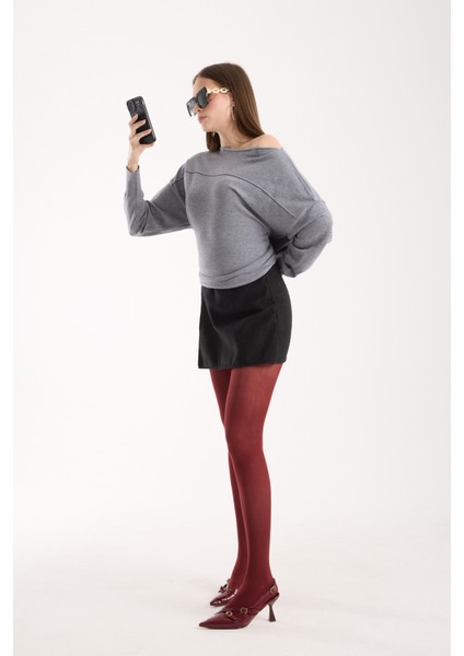 Kadın Gri Kayık Yaka Triko Bluz