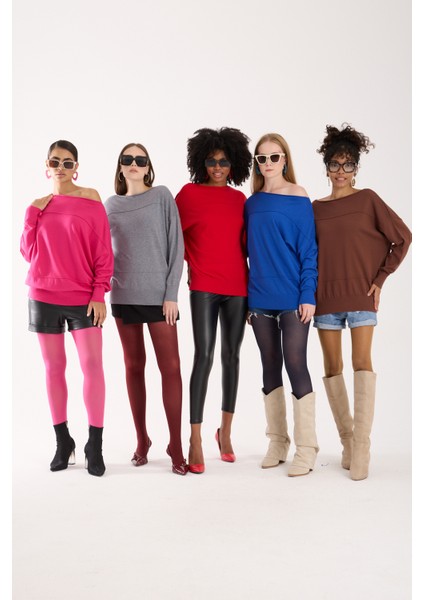 Kadın Gri Kayık Yaka Triko Bluz