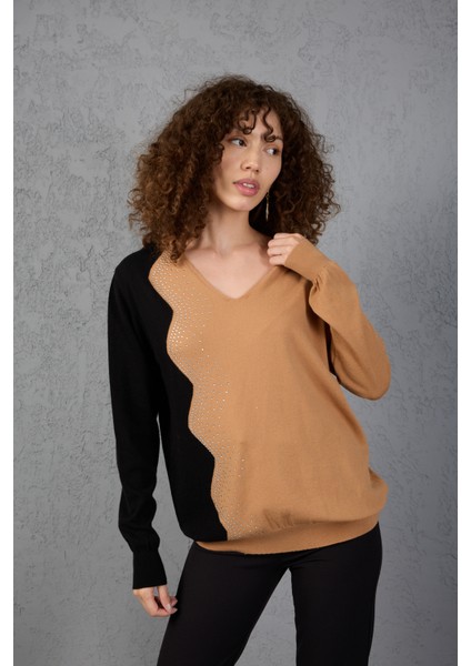 Bej-Siyah Iki Renkli Taş Detaylı V Yaka Triko Bluz fiyatları