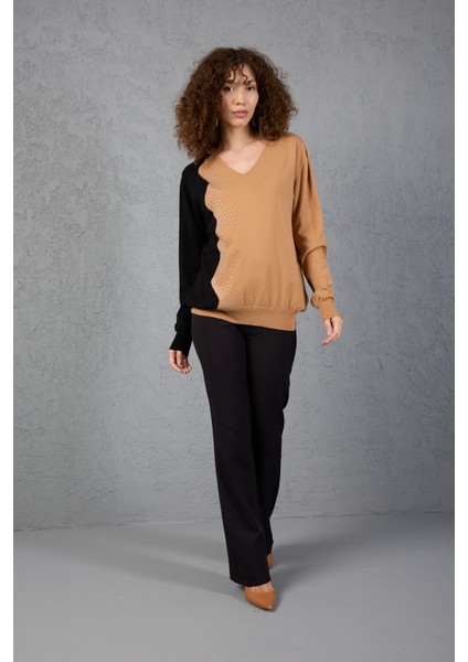 Bej-Siyah Iki Renkli Taş Detaylı V Yaka Triko Bluz indirimleri