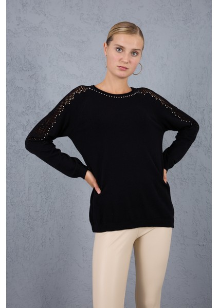 Kadın Siyah Ajurlu Inci Detaylı Reglan Kollu Yuvarlak Yaka Triko Bluz modelleri