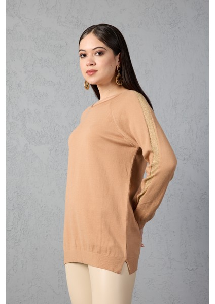 Kadın Bej Reglan Kol Simli Detaylı Yuvarlak Yaka Triko Bluz fiyatları