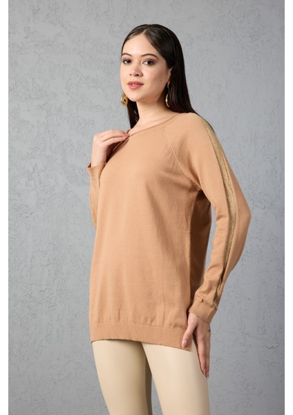Kadın Bej Reglan Kol Simli Detaylı Yuvarlak Yaka Triko Bluz modelleri