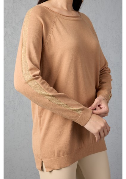 Kadın Bej Reglan Kol Simli Detaylı Yuvarlak Yaka Triko Bluz