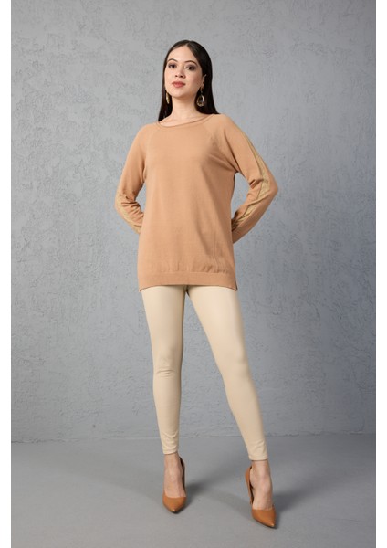 Kadın Bej Reglan Kol Simli Detaylı Yuvarlak Yaka Triko Bluz