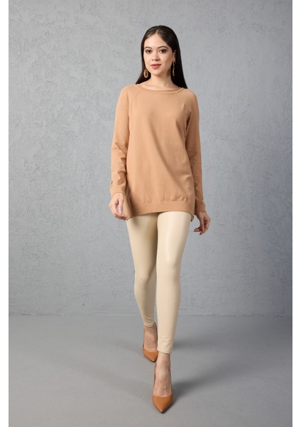 Kadın Bej Reglan Kol Simli Detaylı Yuvarlak Yaka Triko Bluz