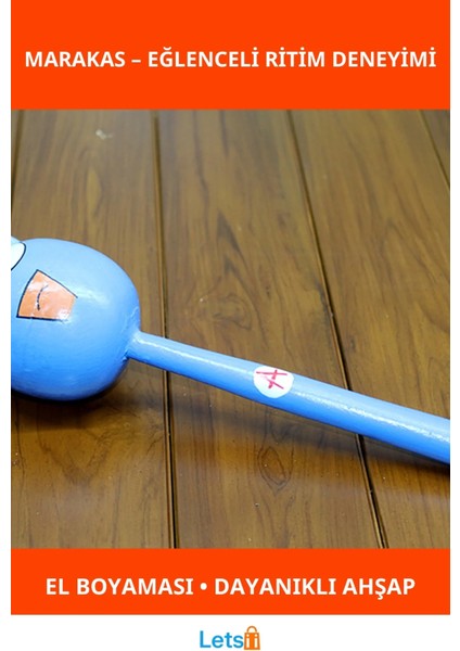 El Yapımı Ahşap Kedili Marakas Tekli Eğlenceli Müzik Enstrümanı