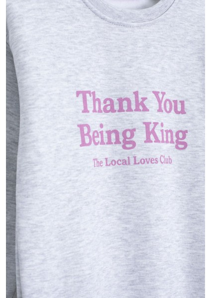 Gri Yazı Baskılı Bisiklet Yaka Kız Çocuk Şardonlu Sweatshirt 23257 modelleri